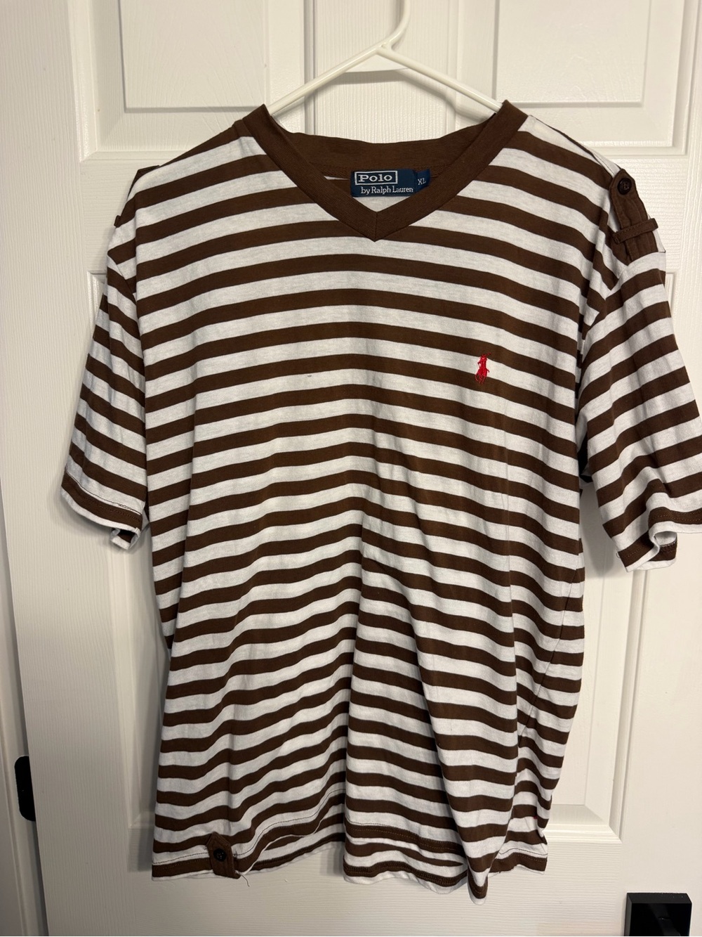 Ralph Lauren Brown & White Striped V-Neck Polo Tee